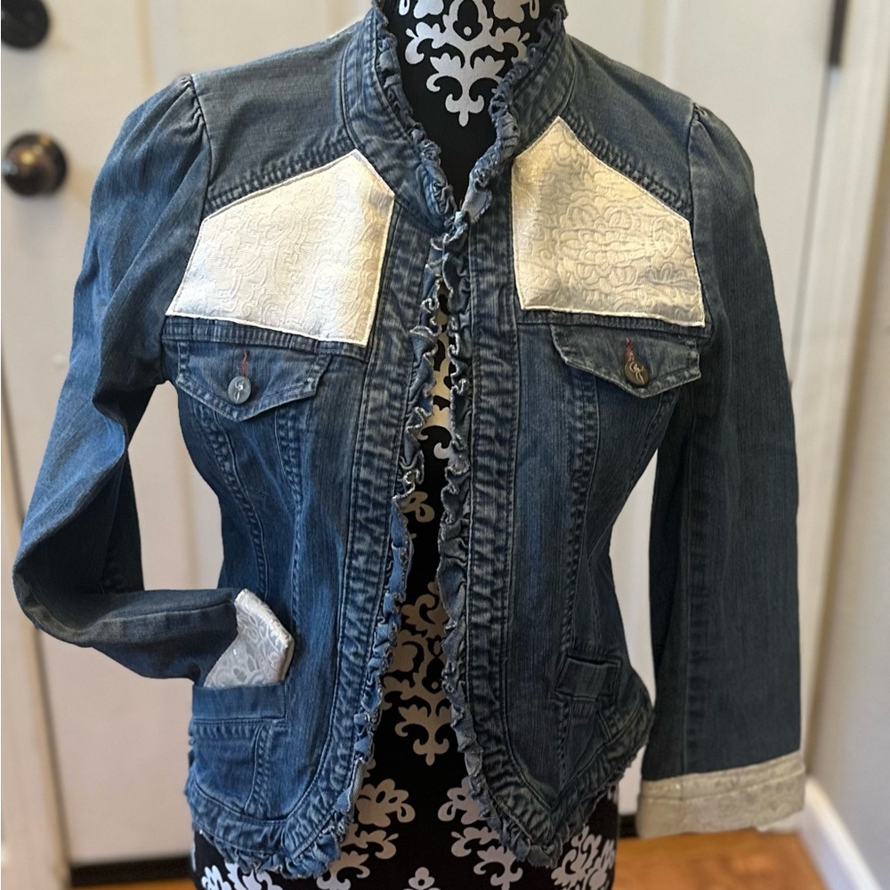 Blue and Cream Jean Jacket with Contrast Panels 90’s 2000’s shimmer